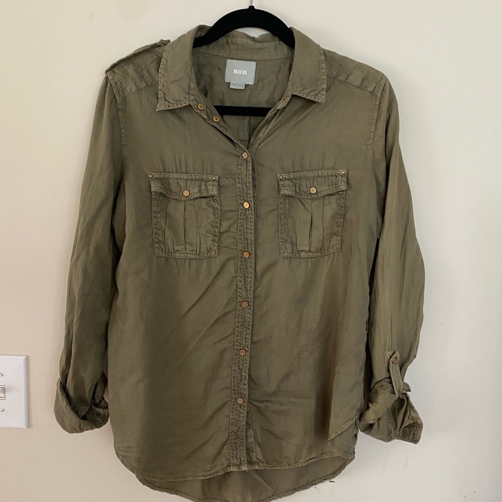 Maeve Anthropologie Sz 8 Army Green Button Shirt